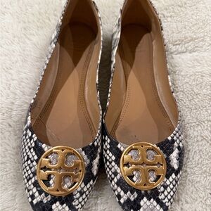 Tory Burch Snake Print Flats with Gold Logo